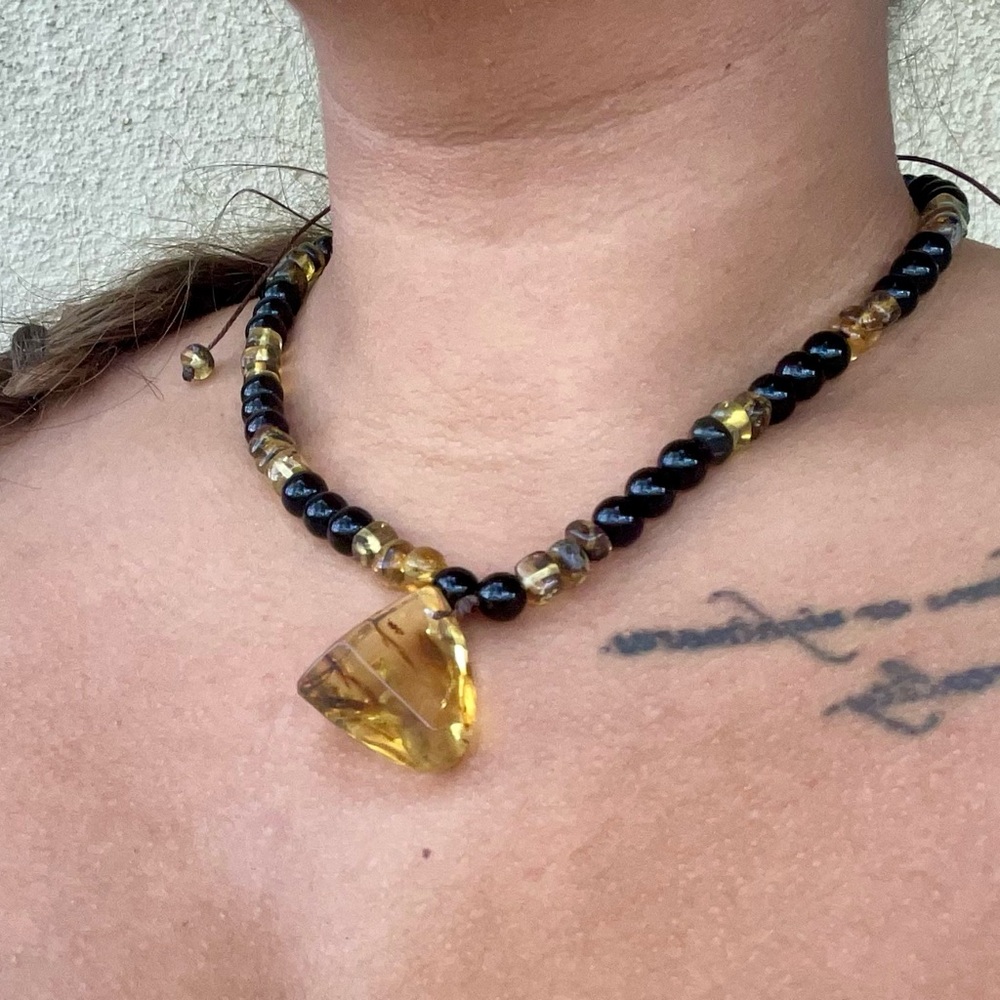 Amber and obsidian handmade necklace